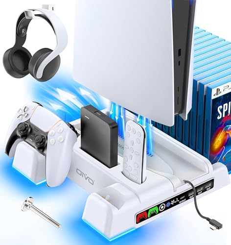 OIVO PS5/PS5 Slim Ständer mit 3 stufig Lüfter und RGB Licht, PS5 Standfuß mit 3 Extra USB Ports/PS5 Controller Ladestation/Headset Halter/Remote Steckplatz/14 Spiele Aufbewahrung für PS5 Zubehör