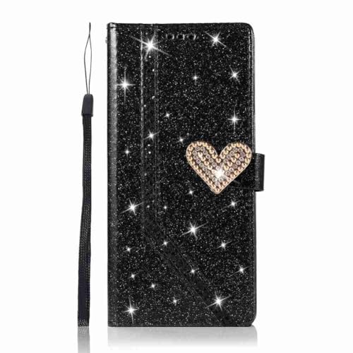 Beddouuk Glitzer Handyhülle für Samsung Galaxy S24 Plus,Bling Liebe Herz Magnetische PU Ledertasche Handytasche Wallet Case mit Kartenfach Klappbar Schutzhülle Flip Cover,Schwarz