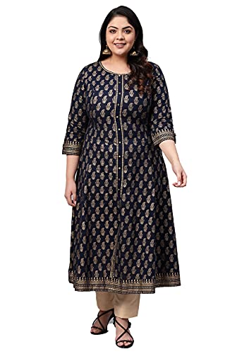 Indische Tunika Baumwolle Gold Druck Anarkali Kurtis für Damen (Rot), blau, 5X-Large