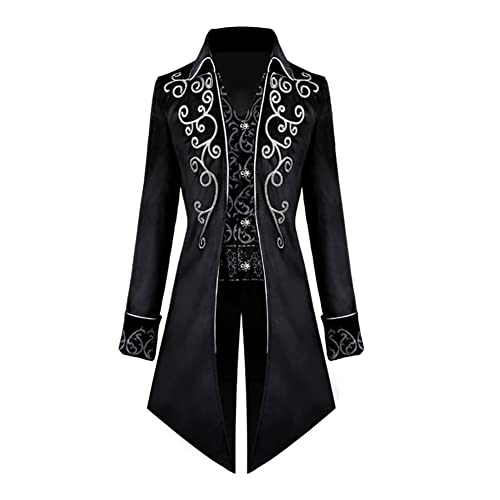FYMNSI Herren Gothic Steampunk Frack Mantel M?nner Langes Smoking Mittelalter Viktorianischen Retro Jacke mit Waistcoat Uniform Karneval Fasching Halloween Kost?m Party Cosplay 1# Schwarz 2XL