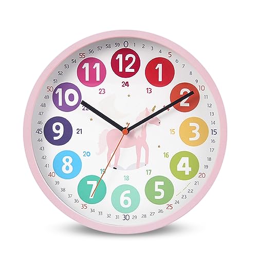 DASIAUTOEM Uhren fürs Kinderzimmer,Wanduhr für Kinder Lernuhr ohne Tick Geräusche,Wanduhr Kinder Lautlose Farbenfrohe Kinderwanduhr 10 Zoll Wanduhr für Kinderzimmer Klassenzimmer (Einhorn)
