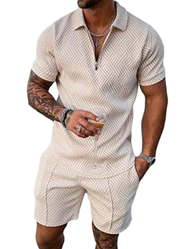 Osheoiso 2 Teiliges T-Shirt und Hosen Sets Herren Shirt Shorts Jogginganzug Freizeitanzug Outfit Pyjamahose Casual Kurze Hose für Männer Trainingsanzug A Khaki L