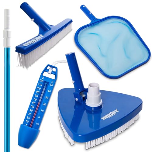 Hecht Poolpflegeset wahlweise mit Teleskopstange – Kescher, Vakuumreiniger, Bürste, Thermometer – Poolreinigung – Wasserpflege – Komplett Zubehör Set (Poolpflegeset + Teleskopstange)