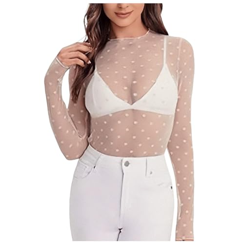 Transparentes Oberteil Damen Mesh Durchsichtiges Netzoberteil Sexy Sheer Netz Oberteile Sheer Mesh Top Langarmshirt Slim Fit T-Shirt Tunika Casual Clubwear Party Rave Bluse