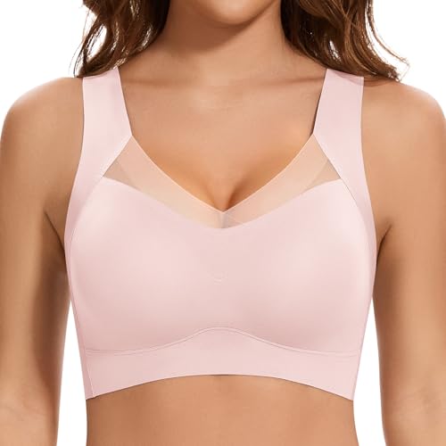 Jiuday Nahtloser BH ohne Bügel Große Brüste Starker Halt Spitze Sport BH Bustier Damen Gepolstert Soft Comfit Bügelloser Push Up BHS Haltungskorrektur Bra Seamless Bralette (Rosa,3XL)