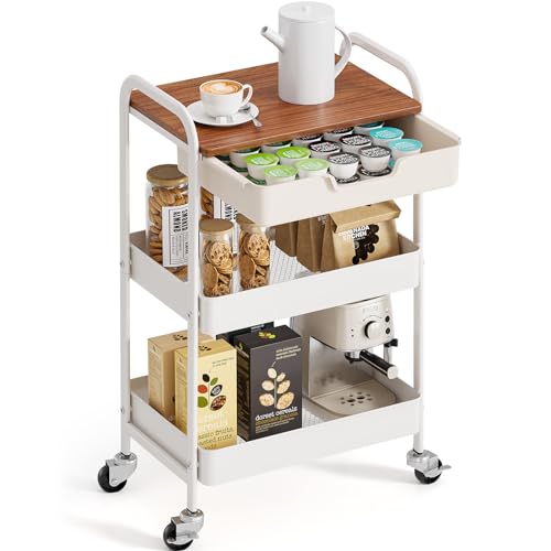 KINGRACK Aufbewahrungswagen 3-Ebenen mit Tischplatte, Multifunktionswagen aus Metall für Küche, Haus, Büro, Dunkelbraun