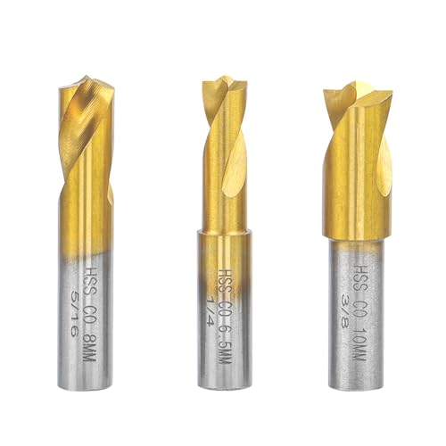 Treki 3 Stück Schweißpunktbohrer Set 6,5mm/8mm/10mm HSS Kobalt Punktschweißbohrer mit Zentrierspitze, Titan Fräser Schweissbohrer zum Entfernen von Schweißpunkt Blechlötverbindungen