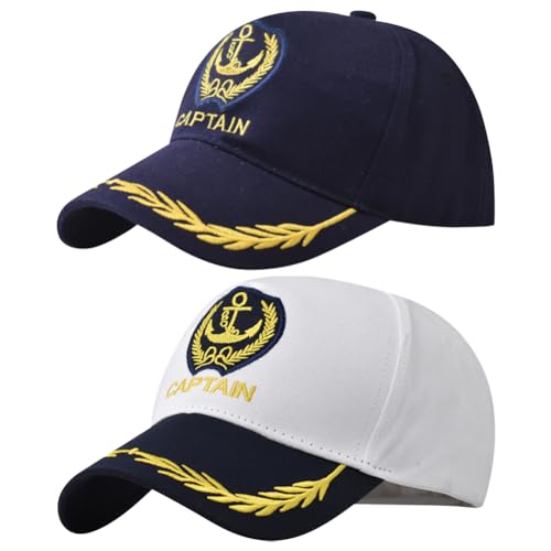 Anchor bestickte Kapitänsmütze, Skipper, Bootfahren, Baseballkappe, verstellbar, nautische Yacht, Marine, Seemanns-Trucker-Mütze, Weiß / Marineblau, 2-8