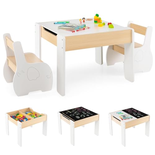 COSTWAY Kindertisch mit 2 Stühlen, 3 teilige Kindersitzgruppe aus Holz mit wendbarer & abnembarer Tischplatte, Kinder Maltisch mit Stauraum, Kindermöbel Sitzgruppe für Kinder ab 3 Jahren (Weiß)