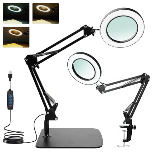 15X Lupe mit Licht, LED-Schreibtischlampe mit Sockel und Clip, LED-Lupenlicht mit 3 Farbmodi, dimmbar, für Bastelreparaturen, Nahaufnahmen, Zeichnen und Lesen