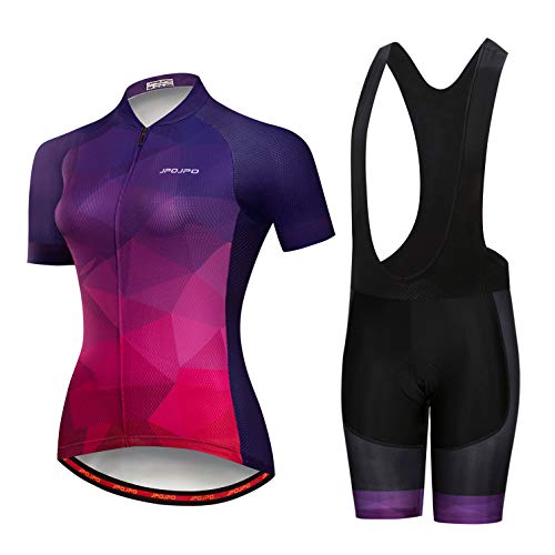 Fahrrad Trikot Set Frauen Fahrrad Trikot Trägerhose Anzug gepolstert Damen MTB Top Bottom Shirts Road Mountain Fahrrad Kleidung Kleidung Uniform Sommer Rennreit Bluse weiblich lila rot XL