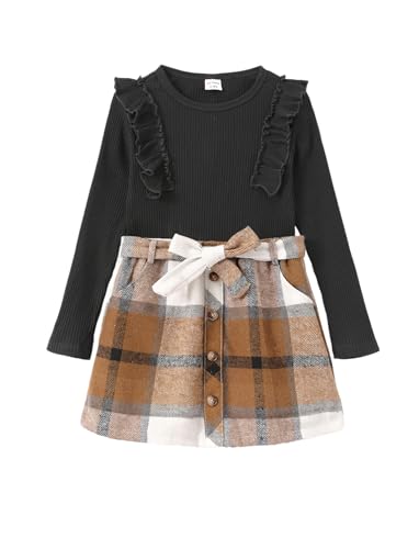 PATPAT Bekleidungssets für Mädchen A-Linie Plaid Rock Set, Komfortable Stoffe Kleinkind Mädchen Mode Kleidung 2Pcs Outfits Set - Ideal für Schule, Freizeit und Outdoor, Schwarz, 8-9 Jahre, 128-134