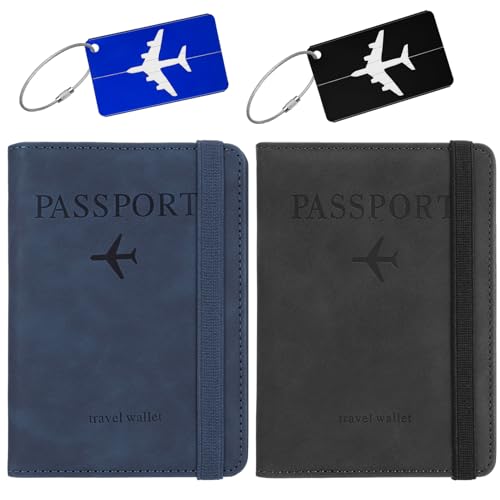 Apricitie 4 Stück Reisepasshülle & Kofferanhänger Set, Passport Hülle, Aluminium Gepäckanhänger mit Adressschild, Passport Cover Kunstleder Impfpass Hülle mit RFID-Blocker for Reisepass Kreditkarten