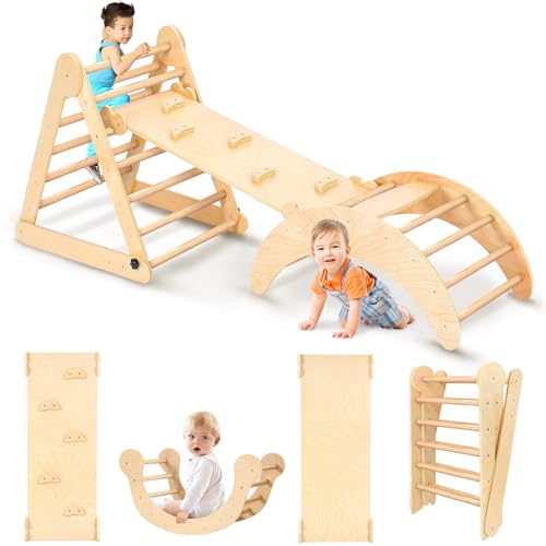 YOLEO Klettergerüst Indoor, 7-in-1 Montessori kletterdreieck mit Rutsche, Kletterbogen, Stabilem Baby-Klettergerüst und Kletterdreieck ab 1 Jahr, Rutsche für Kinder, Kletterbogen mit Rutsche, Holz