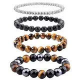 4 Stück Naturstein Edelstein Armband,Tigerauge Armband,Naturstein Armband Herren Armband,Damen Armband,Rundes Perlenarmband,für Männer und Damen Schmuck Geschenke(4MM/6MM/8MM/10MM)
