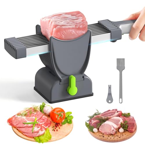Fresh Meat Slicer mit fach Dickeneinstellung,Edelstahl Fleischschneidemaschine für Frisches Rohes Fleisch,Fisch,Gemüse,Mit 2 Klingen, Saugfuß & Bürste