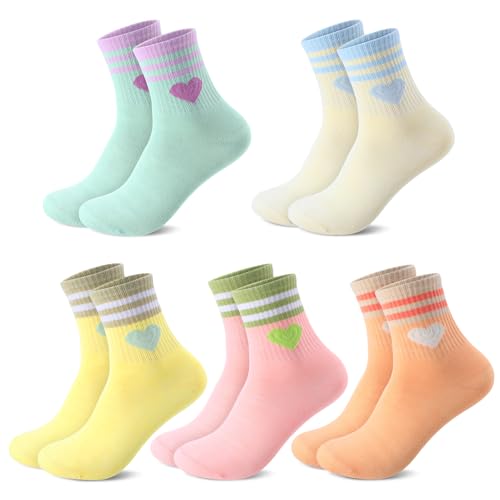 Utensilsto 5 Paar Tennissocken Damen mit Herz 33-37, Sportsocke Retro Streifen Socken, Baumwolle Socken Laufsocken Crew Socks Arbeitssocken(Mehrfarbig)