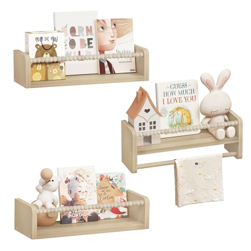 WOLTU 3er Set Kinder Bücherregal Wand, 40cm Wandregal Kinderzimmer, aus Massivholz, Hängeregal Schweberegal Kinderregal, Montessori Regal, für Bücher Spielzeug
