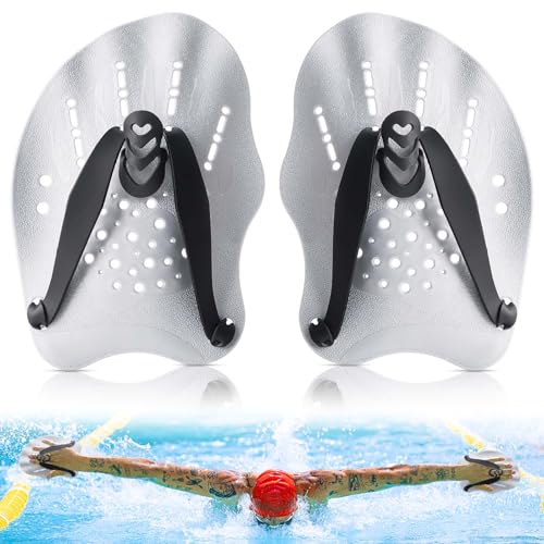 WuGU Hand Paddles Schwimmen, Einstellbar Schwimmpaddel, Schwimmhilfe Erwachsene Kinder, Schwimmtrainingsgerät Handpaddel zum Schwimmen Pool-Übungsgeräte Zubehör, Unisex(Silber)