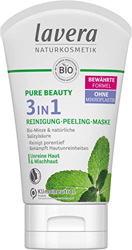 lavera, PURE BEAUTY 3in1 Reinigung Peeling Maske reinigt porentief bekämpft Hautunreinheiten Naturkosmetik vegan 125ml, weiß