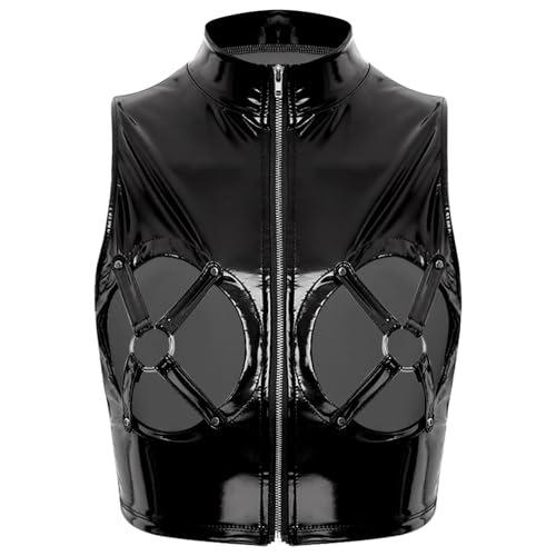 ranrann Damen Tank Top Ouvert Oberteil Latex Dessous Lederoptik Brustfrei Neckholder Bustier Korsett Unterwäsche Reizwäsche Schwarz 4XL