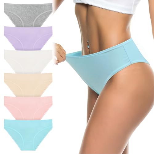 flintronic Unterhosen Damen, 6er Pack Weich Atmungsaktiv Damen Slips, Stretch Baumwolle Hohe Taille Slips, Damen Baumwolle Pantys, Bequeme Frauen Unterwäsche, Mehrpack, Mehrfarbig, L