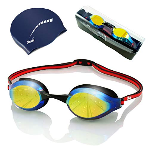 ARiety Profi Schwimmbrille mit Badekappe im Triathlon Set - Wettkampf Schwimmerbrille zum Training oder Freizeit - Anti-Fog - 100% UV-Schutz - verspiegelte Gläser