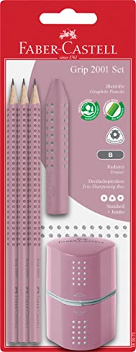 FABER-CASTELL 580073 - Bleistifte Set Grip 2001, 5-teilig mit 3 Bleistiften, Radiergummi und Spitzer, rose shadows