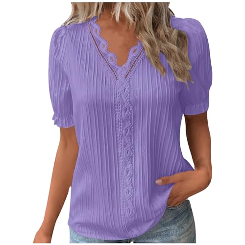 2025 - Damen Sommer Spitze V-Ausschnitt Einfarbig Spitze Elegantes Hemd Mode Einfarbig Elegante Bluse Kurzarm Bequemes Weiches T-Shirt Mit Spitze Damen (Purple, XXL)
