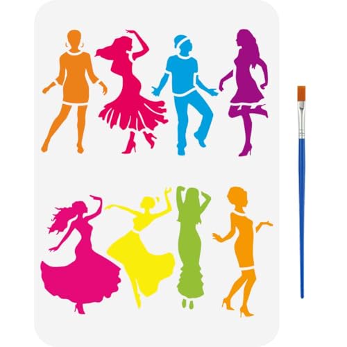 FINGERINSPIRE Schablone Tanzende Dame Mit Pinsel 29.7x21cm Schablone Tanzendes Mädchen Wiederverwendbar Schablone Tänzer Silhouette Charakterthemen 8 Zeichenvorlagen Für Menschen Für Wand Boden Möbel