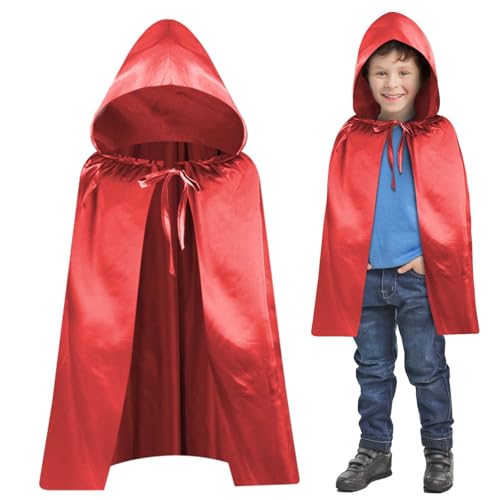 Aomig Umhang Vampir Umhang Kinder Erwachsene Jedi Mantel Mittelalter Umhang Kapuze Unisex Scream Cape Kostüm Damen Halloween Costume Maskerade Familienfeier Karneval Cosplay Kurzer Roter Umhang (60cm)
