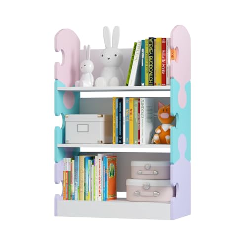 KEEPREAPER Bücherregal Kinder mit 3 Etagen Ablage, Kinderregal Montessori mit 3 offenen Fächern, Spielzeug-Organizer stehend für Kinderzimmer,60x30x92cm(Macaronfarben Puzzle-Muster)