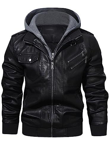 HOOD CREW Lässige Biker Lederjacke aus Kunstleder für Herren mit abnehmbarer Kapuze