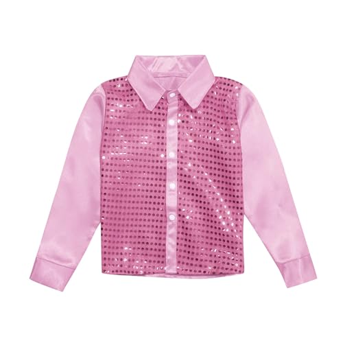 Kinder Mädchen Jungen Pailletten Glitzer Hemd Kinder Langarm 70s Disco Party Kostüm Pailletten-Tanzoberteil mit Knopfleiste Hip Hop Jazz Street Dance Kleidung Performance (3-4 Years)