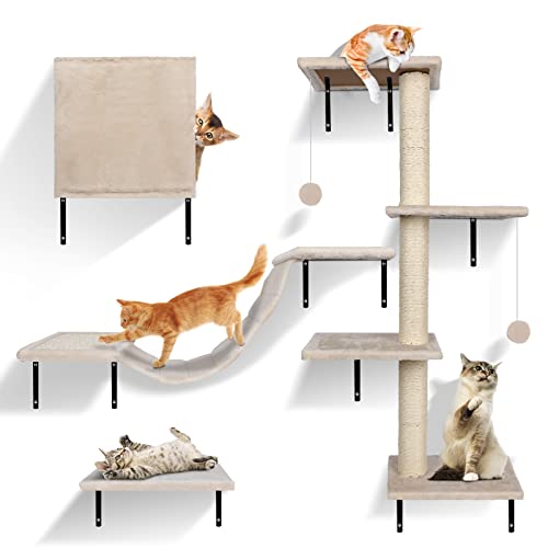 Zvonema Kletterwand für Katzen-10-teilig Katzen Kletterwand Set,Große Hängebrücke,Kratzsäulen mit Sisal,Ruhe und Spielwandregal mit Spurenkugel,Katzenmöbel für den Innenbereich bis 10 kg
