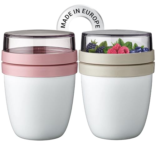 Crystalia Auslaufsicher Müslibecher to Go mit Löffel 2er Set, 100% BPA-FREI Joghurtbecher to Go, Porridge Becher To Go, Müsli To Go Becher, Joghurt To Go Becher, Müslicup, Overnight Oats Behälter
