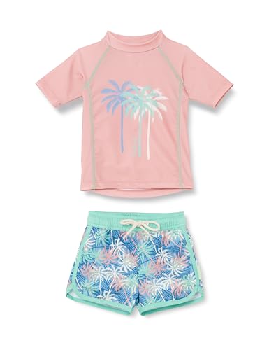 Playshoes Unisex Kinder UV-Schutz Bade-Set zweiteilig Schwimmshirt Badeshorts Badebekleidung, Palmen Koralle, 110/116