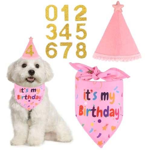 3 Stücke Hunde Geburtstags Set, Rosa Hunde Geburtstag Hut Bandana Set mit 8 Bling Nummern Hundegeburtstagskrawatte Krawatten Hund Halstuch Bandana Hunde Zubehör Set Hundegeburtstagsparty