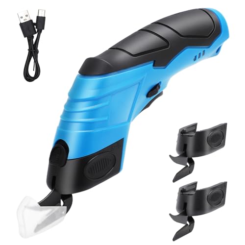 Gugxiom Elektrische Schere, Teppichschneider mit 2 austauschbaren Klingen, Schnurlose Elektrische Schere zum Schneiden von Stoff/Leder/Teppich/Karton (1 Wolframstahlspitze &2 Legierungsspitzen & Blau)