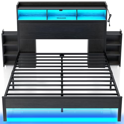 Rolanstar Bettrahmen in voller Größe mit Bücherregal-Aufbewahrung, Kopfteil, ausziehbarer Nachttisch, Bett mit Ladestation und LED-Lichtern, robuste Metalllamellen, kein Boxspringbett erforderlich,