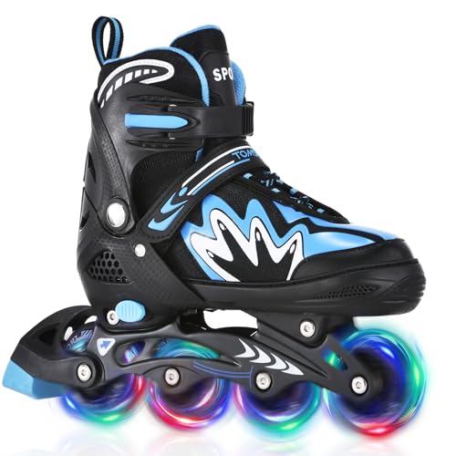 TOMSHOO Rollschuhe, Inliner Roller Skates mit 4 Größen Verstellbar, LED Rädern, Mehrere Größenoptionen, Inlineskates für Kinder Erwachsene Jungen Mädchen, Blau, M