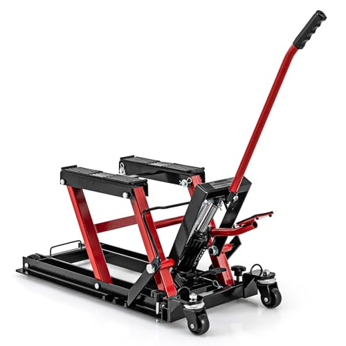 COSTWAY Motorrad Hebebühne, Motorradheber bis zu 680 kg 3-stufig höhenverstellbar, Hydraulische Motorradhebebühne für Motorräder ATVs und Quads (Rot)