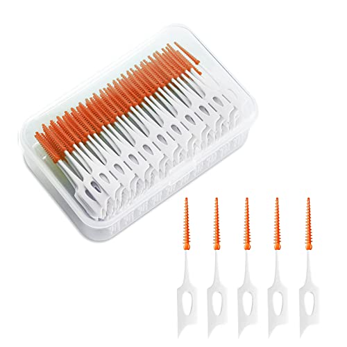 VIKSAUN 200 Stück Interdentalbürste, Weiche Silikon adaptive Interdentalbürste, Zahnstocher Zahnreinigung Zwischenräume, Tragbarer Dual-Use Zahnseide Stick für Reiniger Werkzeug (Orange)