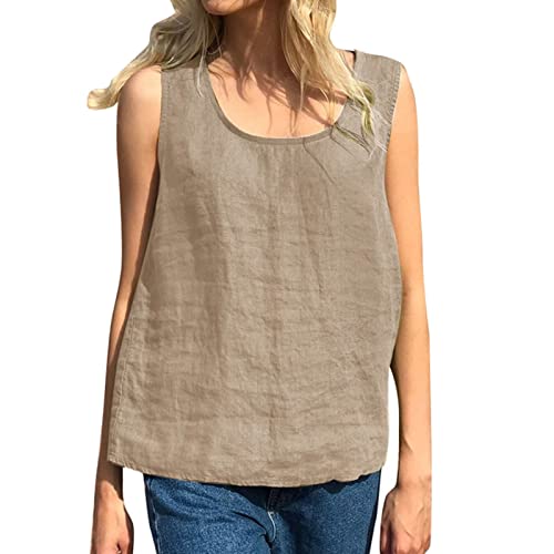 CGGMVCG Damen-Tanktop in Übergröße, locker, lässig, Baumwolle, Leinen, einfarbig, U-Ausschnitt, ärmellose Blusen für Damen, Beige, 4XL
