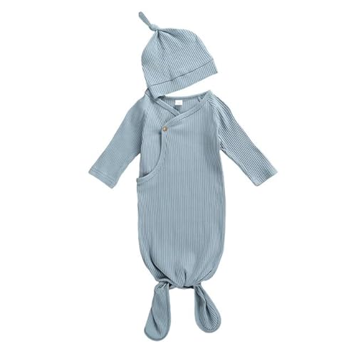 Alunsito Neugeborenes Baby Mädchen Jungen Nachtwäsche Strick geknotet Nachthemd Solid Sleeper Gown mit Hut 2 Stück Come Home Set 0-3 Monate Blau