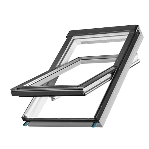 BAUBAY Dachfenster aus Kunststoff PVC 55x78 cm - Fenster mit 2-fach Verglasung und regulierbarem Lüfter | inkl. Eindeckrahmen für Ziegel, Ebene Ziegel, Biberschwanz (bis 45 mm)