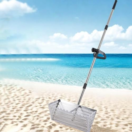 Skyrabbiter Strandfloh-Rechen mit Edelstahlsieb, 141 cm Teleskopstiel, 40x20 cm Siebbehälter, Werkzeuge für die Strandreinigung, Abnehmbarer Langer Griffsandrake für Strand (A)