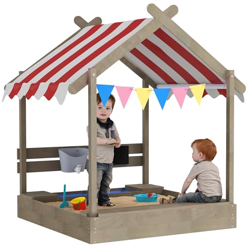 Outsunny Sandkasten mit Dach, Sandkiste aus Holz mit Sitzplatz, Spielhaus, 124 x 116 x 146 cm Sandbox mit Tafel für 3-7 Jahre Kinder, Garten, Grau
