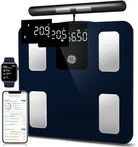 GE Körperfettwaage Smart Waage Personen: Digitale Waage mit Körperfett und Muskelmasse 8-Elektroden Körperfettwaage mit Handsensoren BMI Körpergewicht Muskelmasse Analysegerät,180 kg/400 lbs
