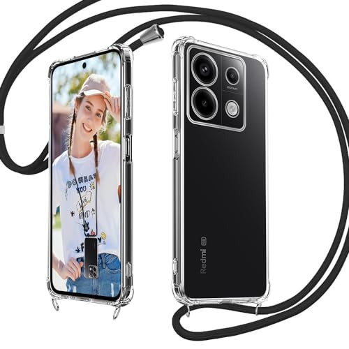 Rosyhulle Handykette für Xiaomi Redmi Note 13 Pro 5G Hülle, Transparent Silikon Handyhülle mit Band für Poco X6 Schutzhülle mit Kordel, TPU Stoßfest Cover zum Umhängen Halskette Schwarz